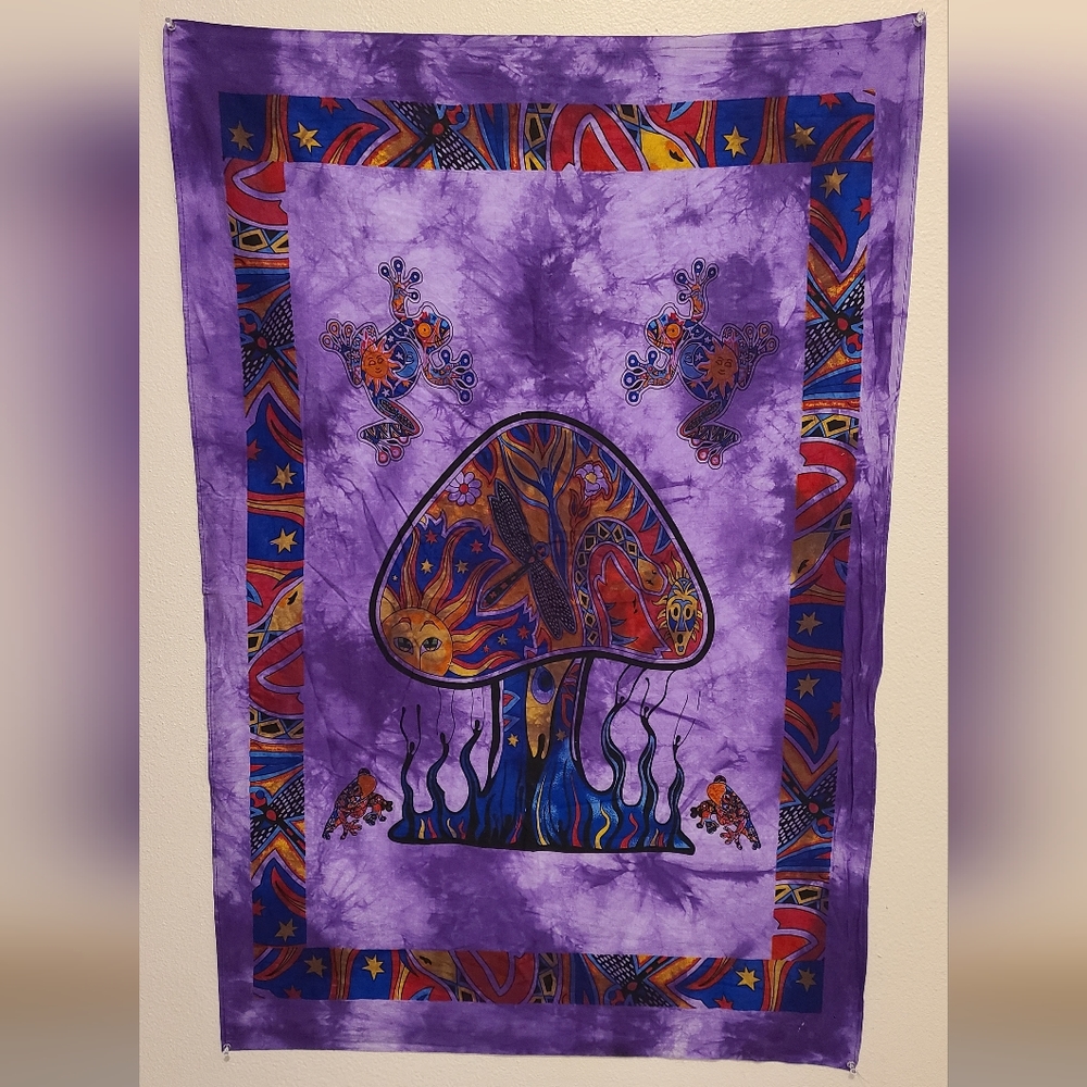 Purple Tapestry Mushroom Sun Moon Trippy Hippie Bedroom Decor Festival Tie Dye